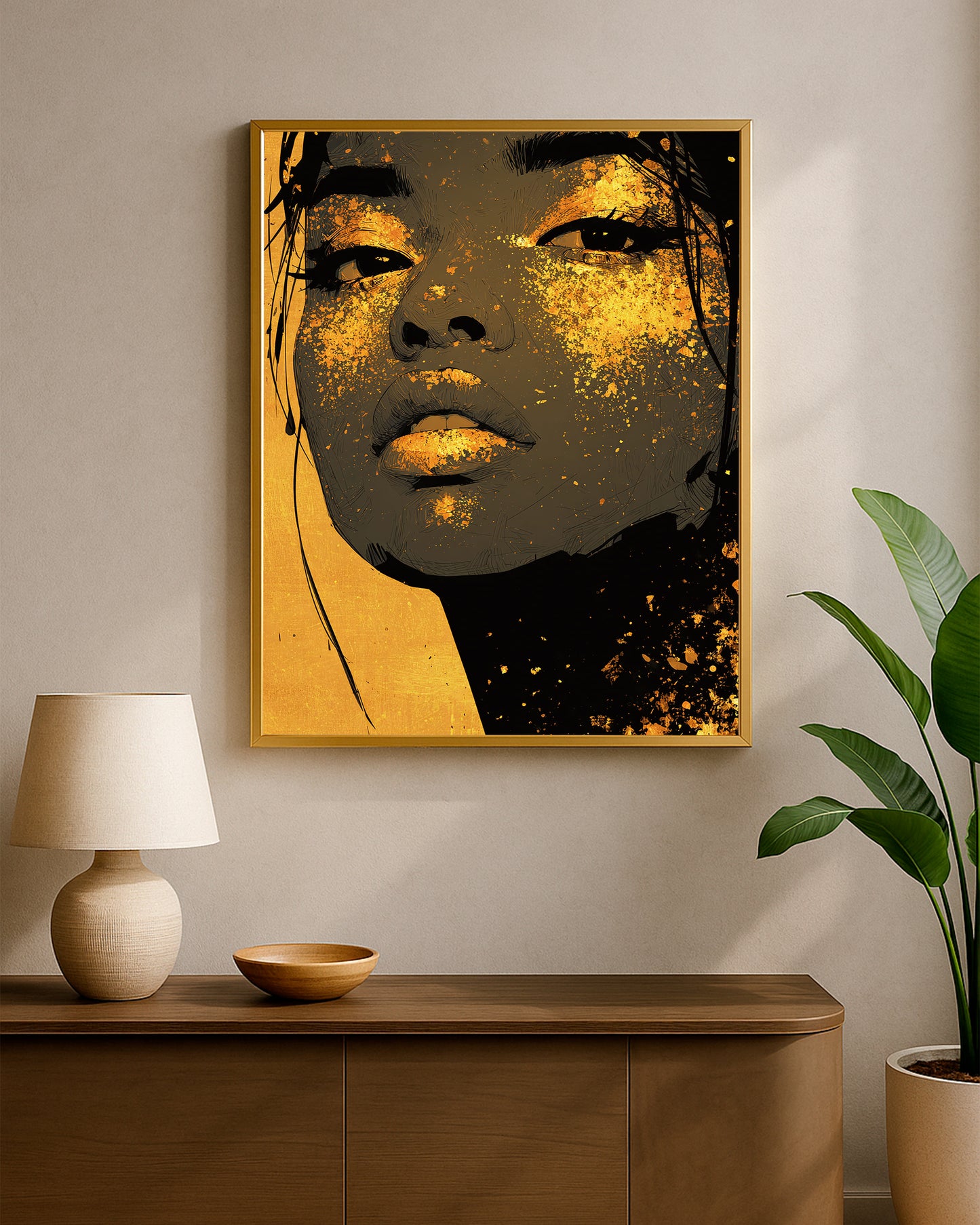 Glam portrait decor showing a stylized woman’s face in gold and black with bold contrast and refined fashion-inspired detail