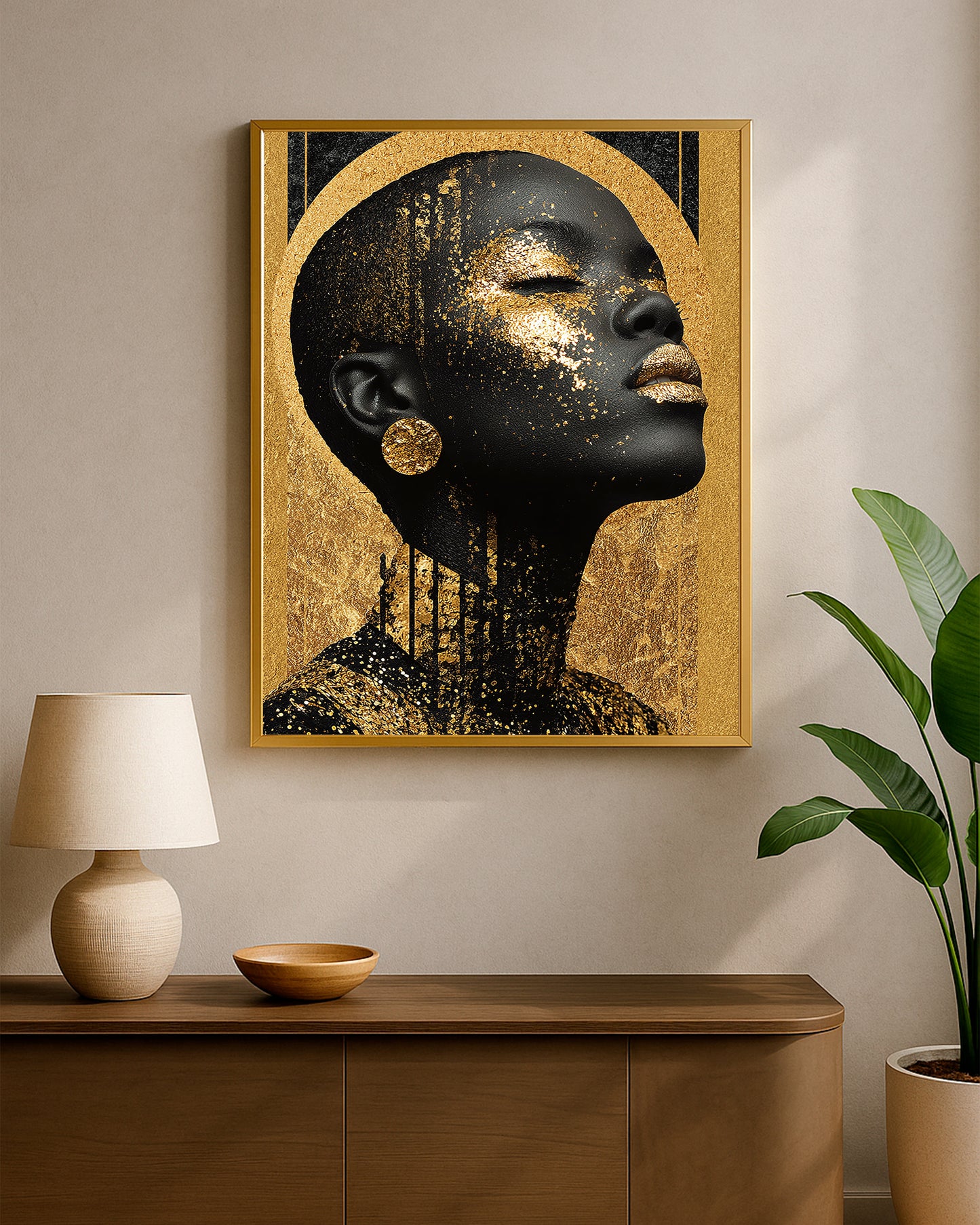 Glam portrait decor showing a stylized woman in profile with gold accents, closed eyes, and elegant fashion-inspired styling