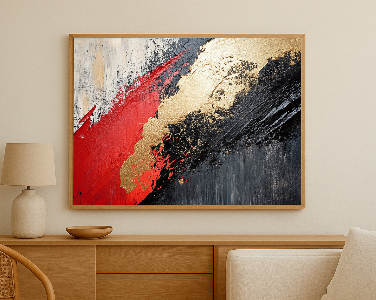 Statement abstract painting with rich texture, strong red accents, and sweeping black and gold forms on a muted background.