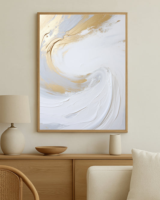 Minimal abstract artwork featuring layered white texture and subtle gold movement on a clean neutral background.