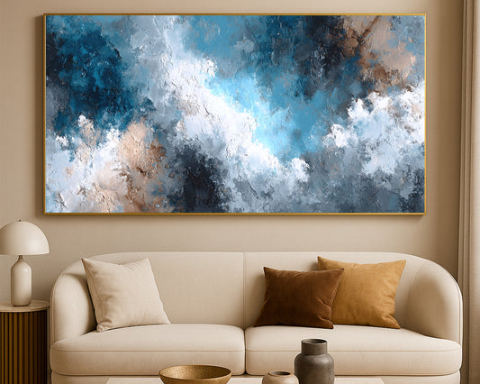 Contemporary abstract artwork featuring soft cloud-like movement and textured painterly depth across a panoramic layout
