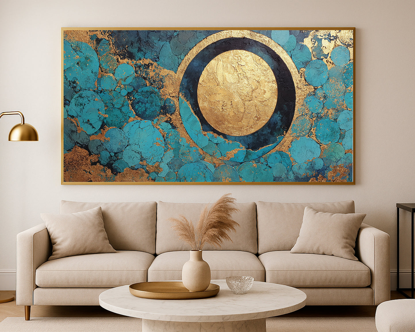 Panoramic abstract wall art with concentric circles, textured turquoise surfaces, and elegant blue gold composition
