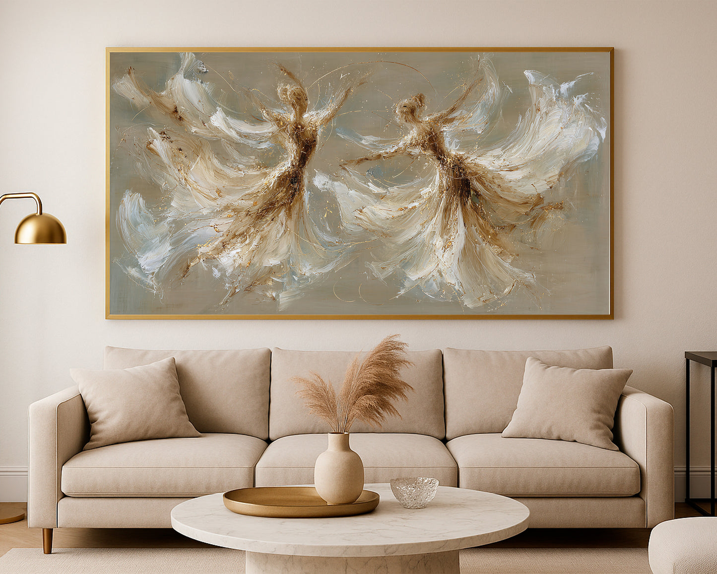 Refined figure wall art with sweeping white shapes, warm taupe shadows, and subtle gold movement across the composition.