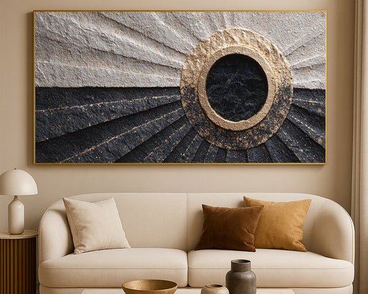 Modern wide wall print featuring an eclipse-style circle with layered gold details on a structured black and cream abstract background