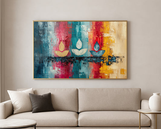 Textured abstract artwork featuring stylized lotus shapes with reflective painterly details in vibrant jewel tones