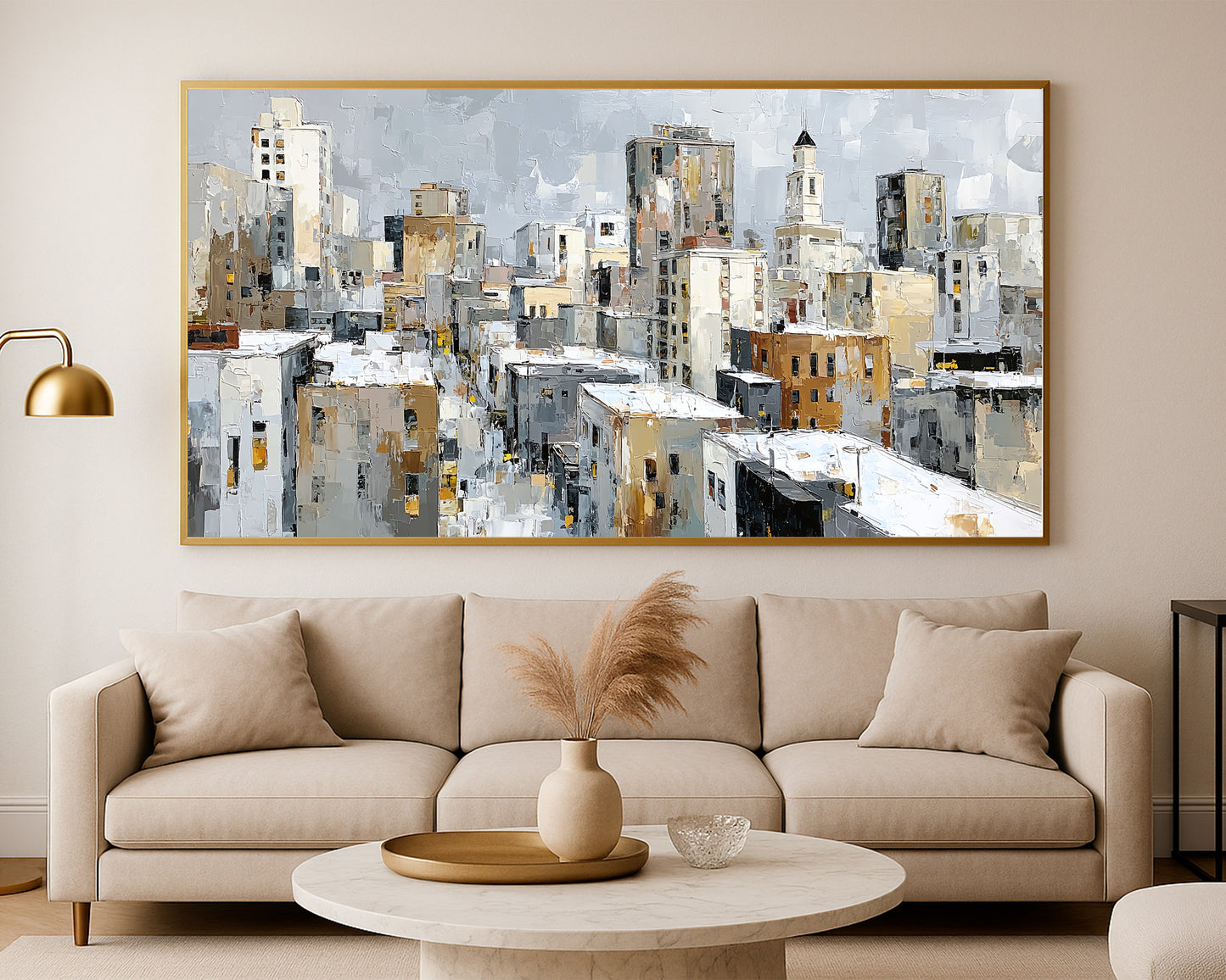 Abstract architecture artwork showing a wide city skyline in muted gray, ivory, beige, and subtle gold.
