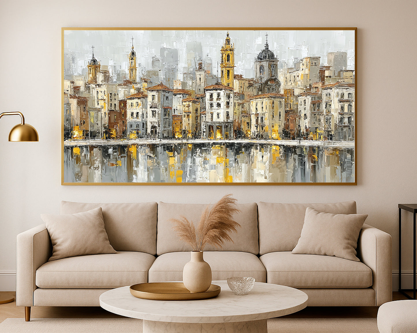 Neutral gold cityscape wall art showing old European architecture and soft reflections across the foreground.