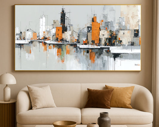Modern abstract cityscape wall art featuring industrial skyline shapes, orange accents, and loose black linework.