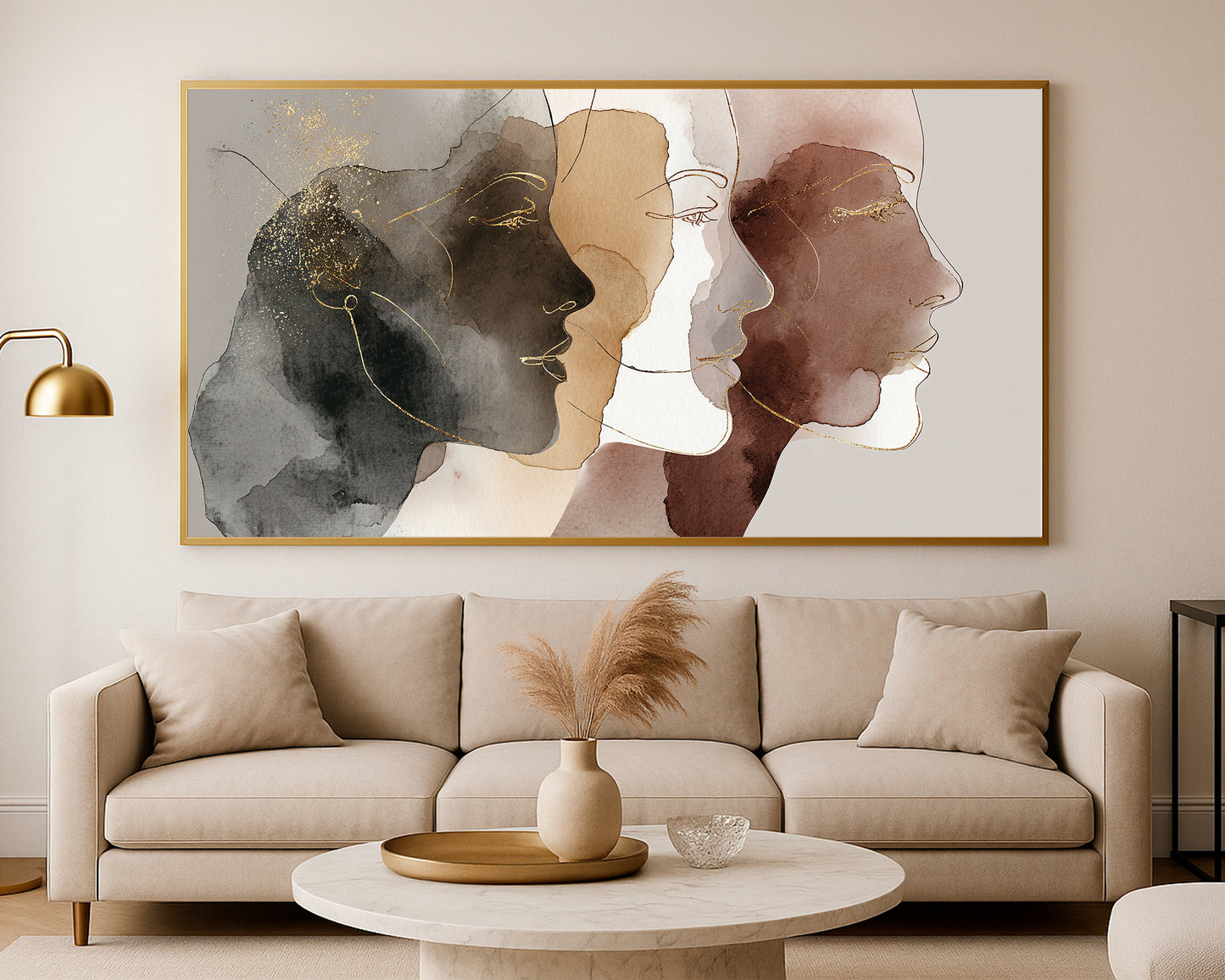 Abstract female profile composition with black and brown watercolor textures, beige background, and gold details.