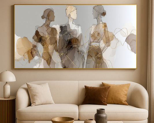 Abstract feminine figure artwork showing three sketched women in beige, brown, gray, ivory, and gold tones.