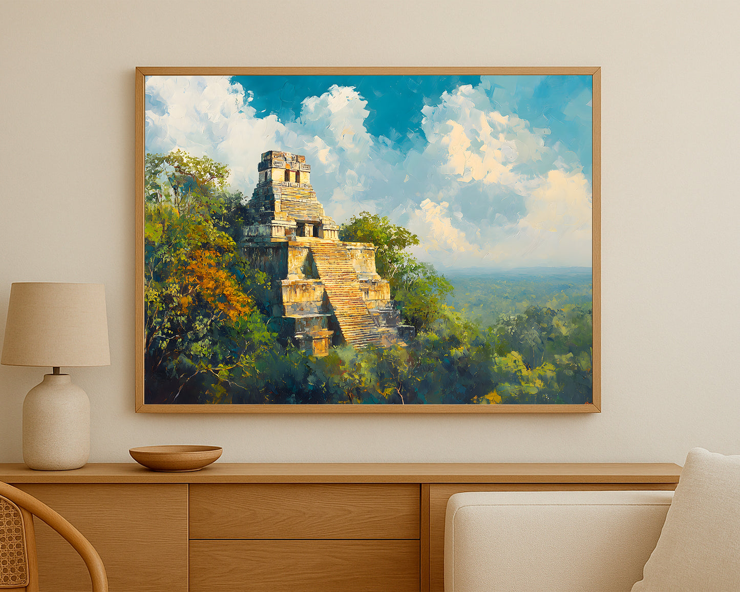 Contemporary wall decor featuring a jungle temple scene with layered texture, bright clouds, and rich natural color