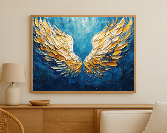 Decorative wing artwork featuring ivory and gold feathers with blue accents against a bold textured blue backdrop.