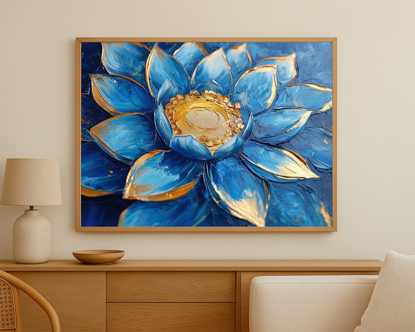Elegant lotus wall art showing layered sapphire blue petals and a metallic gold center in a dramatic close-up composition.