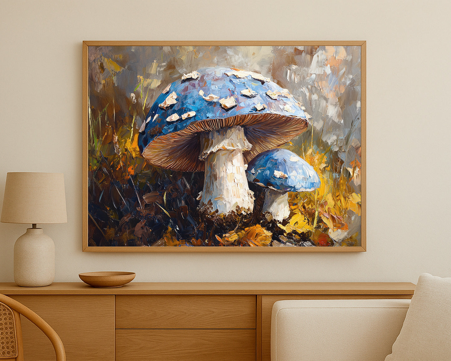 Woodland mushroom painting with vibrant blue caps, warm golden grasses, and expressive earthy textures.