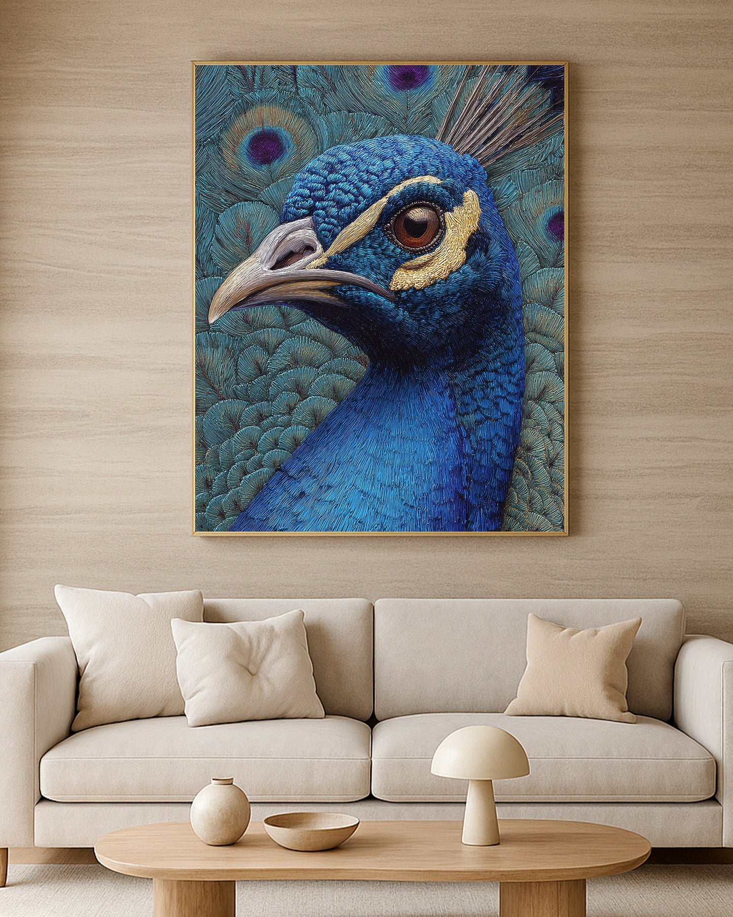 Luxury animal wall art featuring a blue peacock portrait against layered teal peacock feather textures.