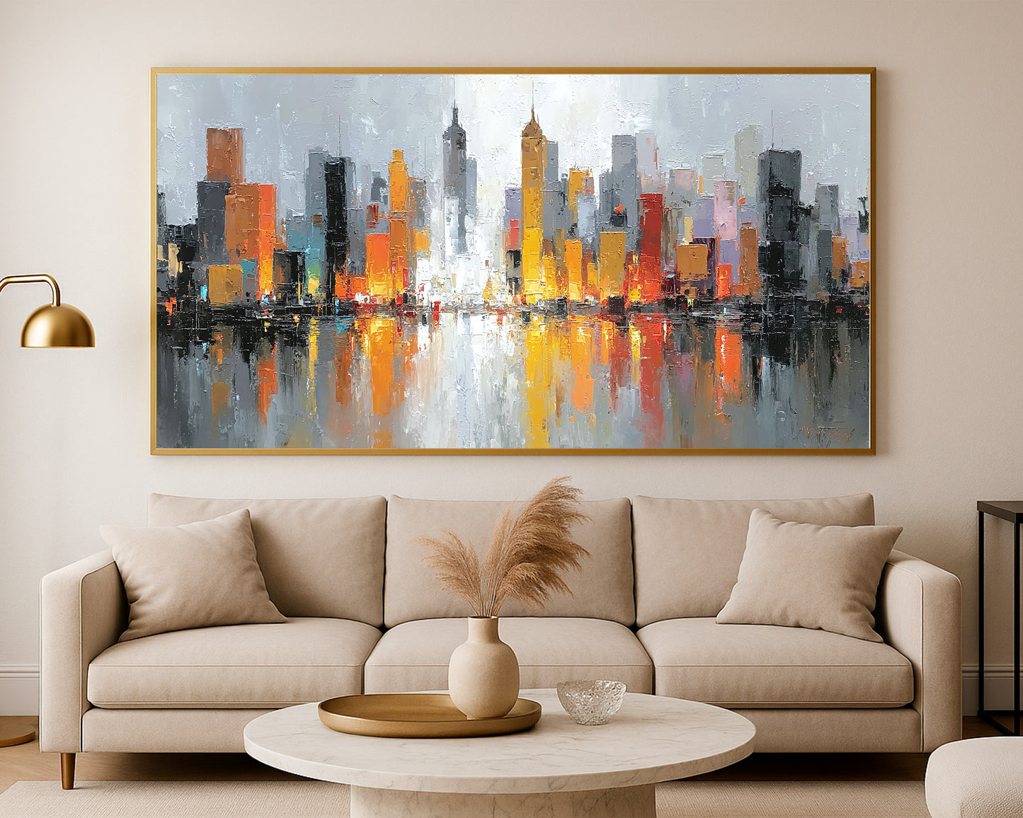 Panoramic skyline artwork featuring bright urban buildings in gold and orange tones with dark reflections and contemporary painterly texture