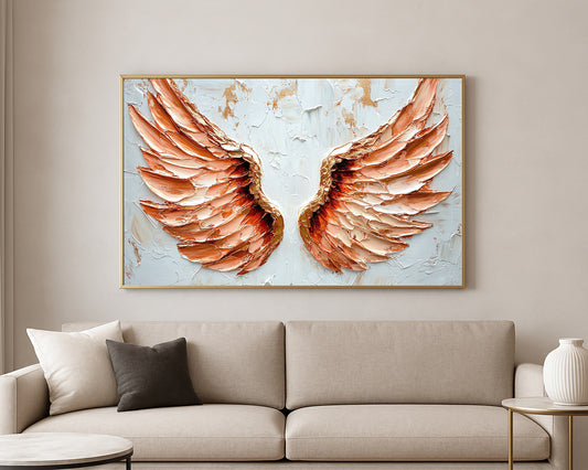 Decorative wing artwork featuring blush and peach-toned angel wings with subtle gold accents on a light neutral backdrop.