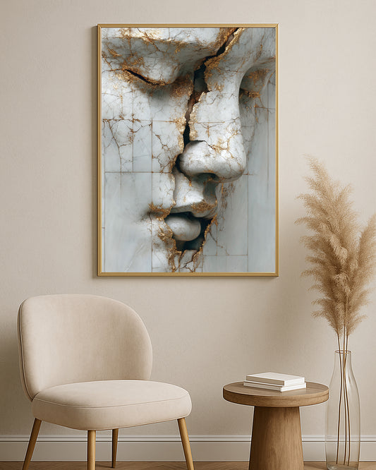 Close-up marble face artwork with broken white panels, metallic gold cracks, and dramatic fine art texture.
