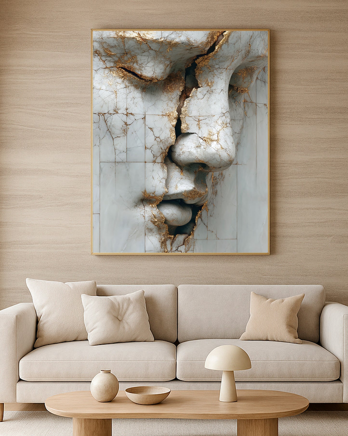 Modern abstract portrait artwork featuring a white marble face with gold cracks and architectural texture.
