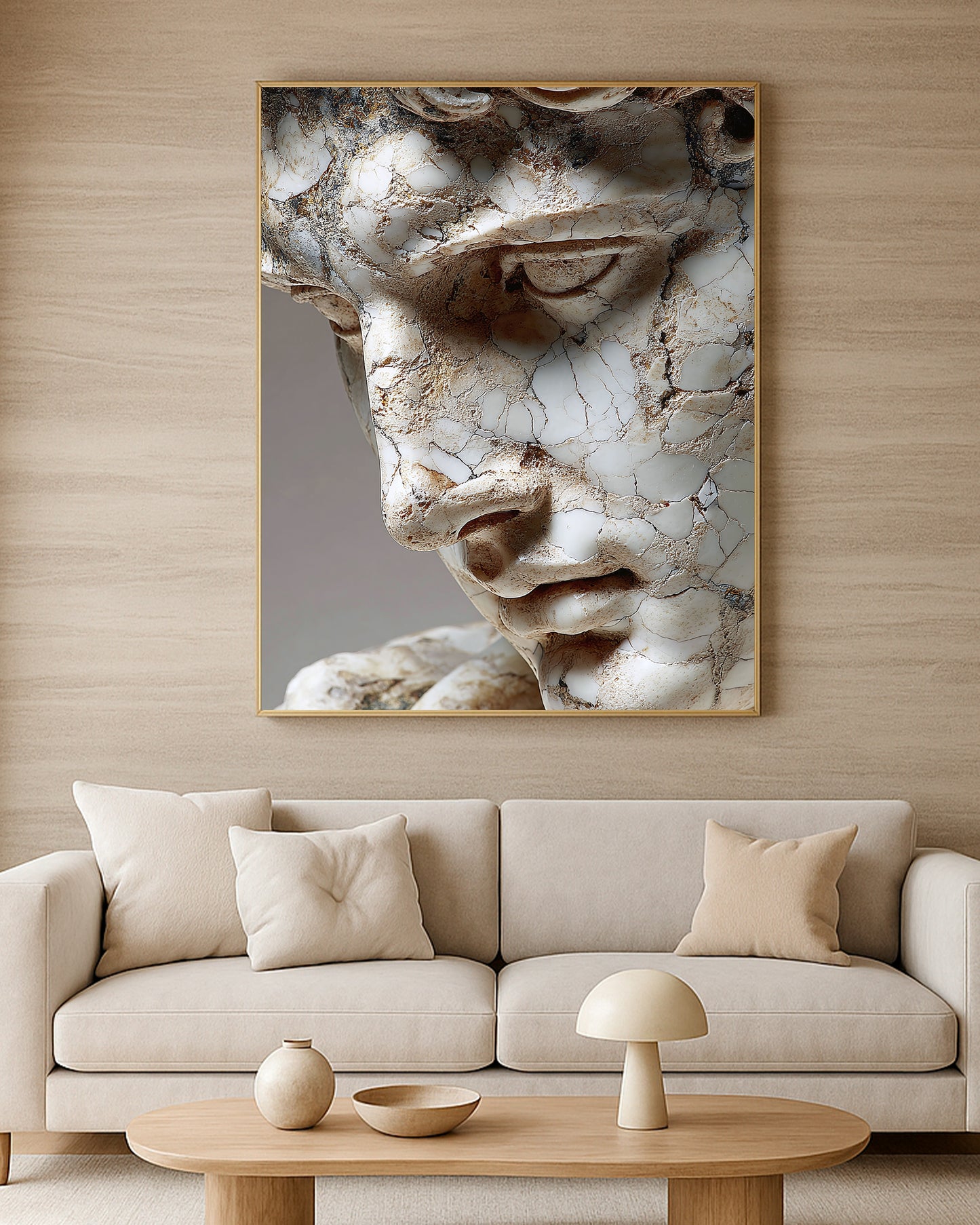 Close-up marble statue artwork with weathered surface, broken stone details, and elegant neutral palette.
