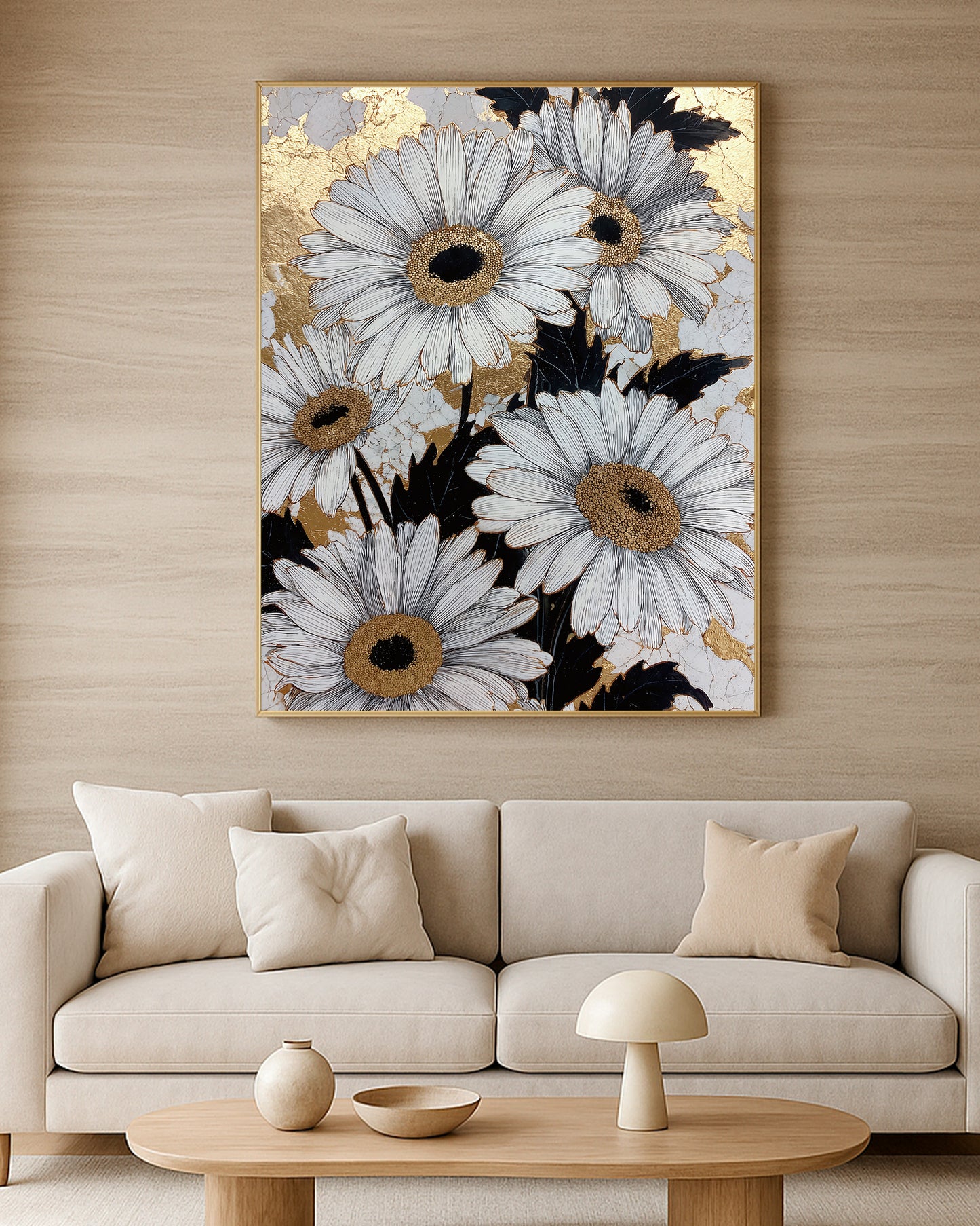 Luxury daisy artwork with white petals, black botanical shapes, and rich gold decorative accents.