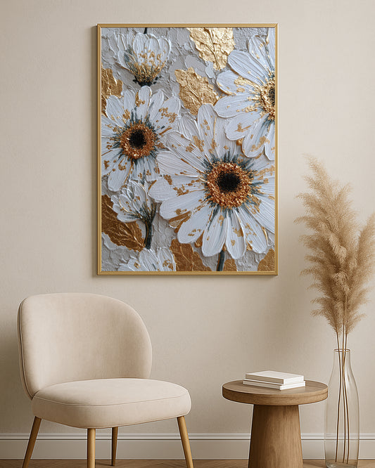 Textured floral artwork featuring white daisies, soft gray shadows, gold leaves, and detailed petal texture.