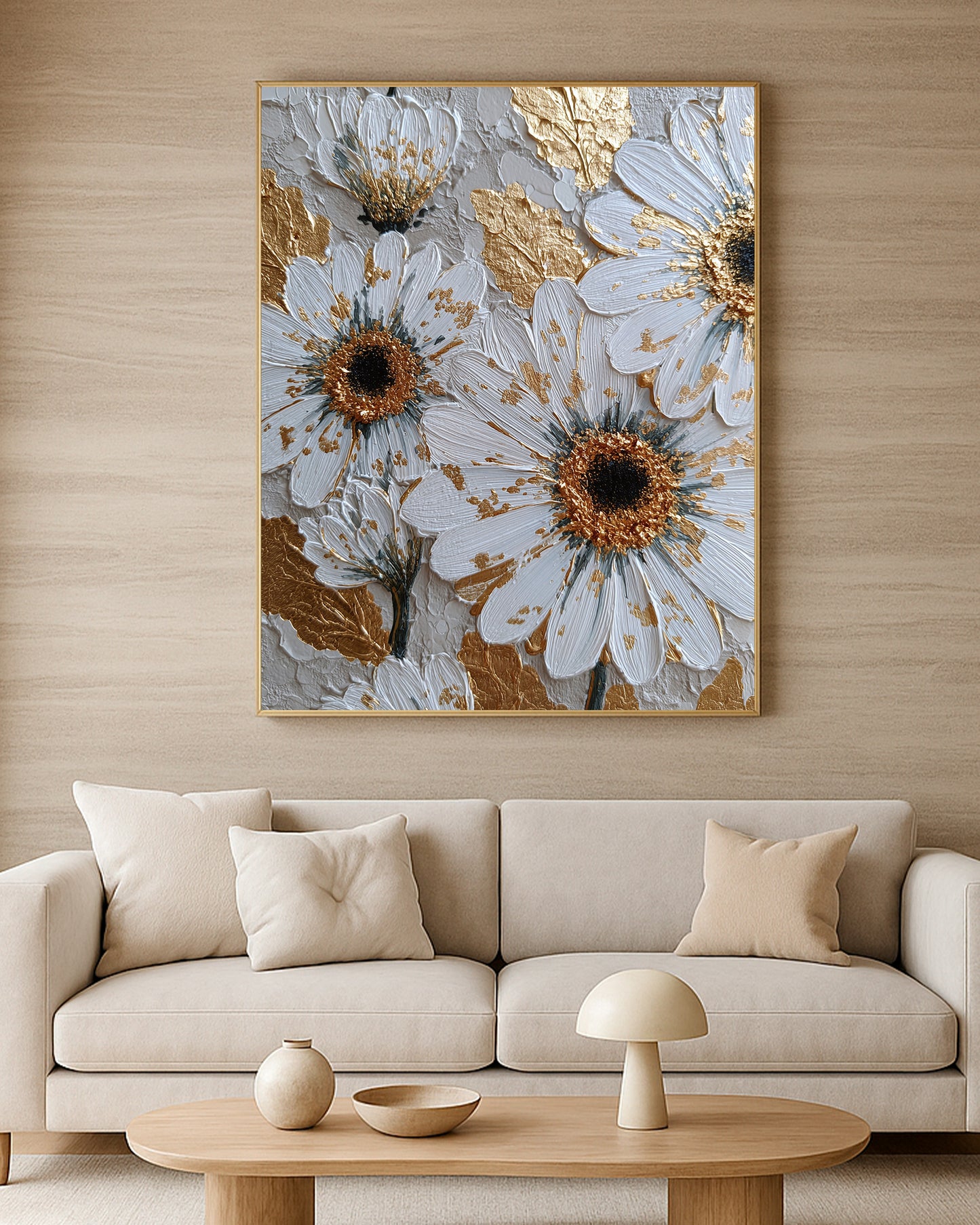 Soft neutral daisy artwork with white flowers, dark centers, textured brushwork, and refined gold details.