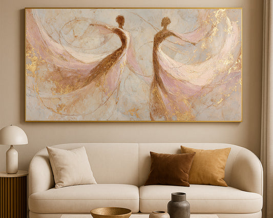 Wide fine art print showing two dancer silhouettes in blush, ivory, beige, and gold tones.