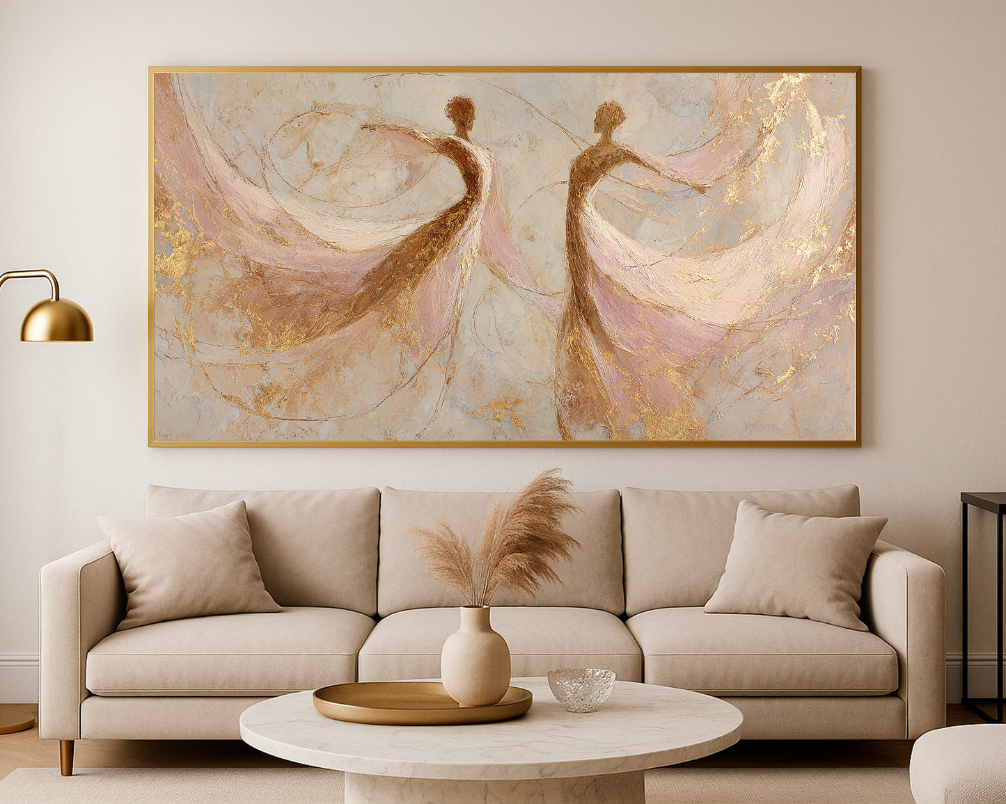 Soft neutral dancer print with abstract figure movement, warm beige texture, and refined blush-gold tones.