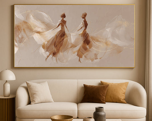 Wide abstract figure artwork featuring two dancers surrounded by soft taupe, cream, brown, and gold textures.