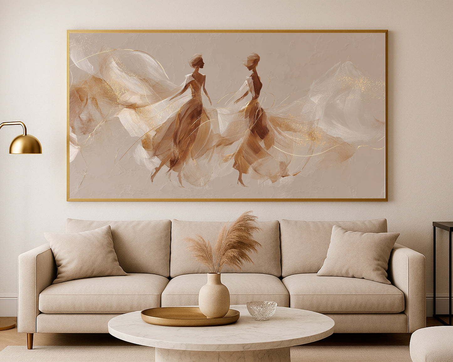 Abstract panoramic figure wall art with two dancers, soft beige layers, and graceful gold line accents.