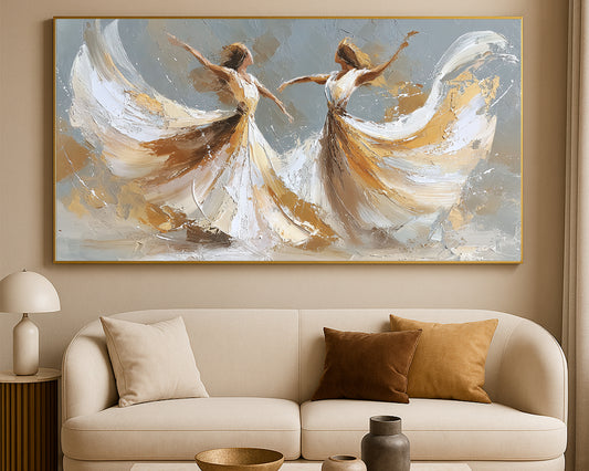 Wide fine art print showing two dancer silhouettes in white, beige, taupe, gray, and gold tones.