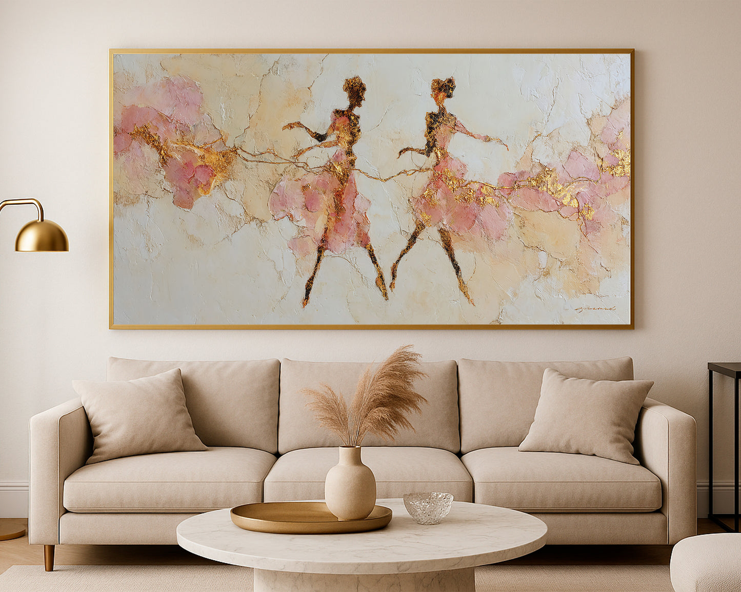 Abstract dancer figure artwork with airy pink movement, delicate silhouettes, and calm neutral composition.