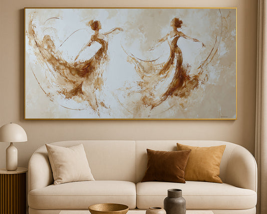 Wide figure artwork showing two elegant dancer silhouettes with airy movement and soft neutral texture.