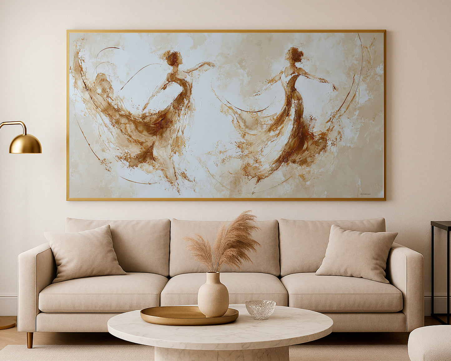 Neutral dancer wall art with two soft abstract figures, warm brown tones, and refined panoramic composition.