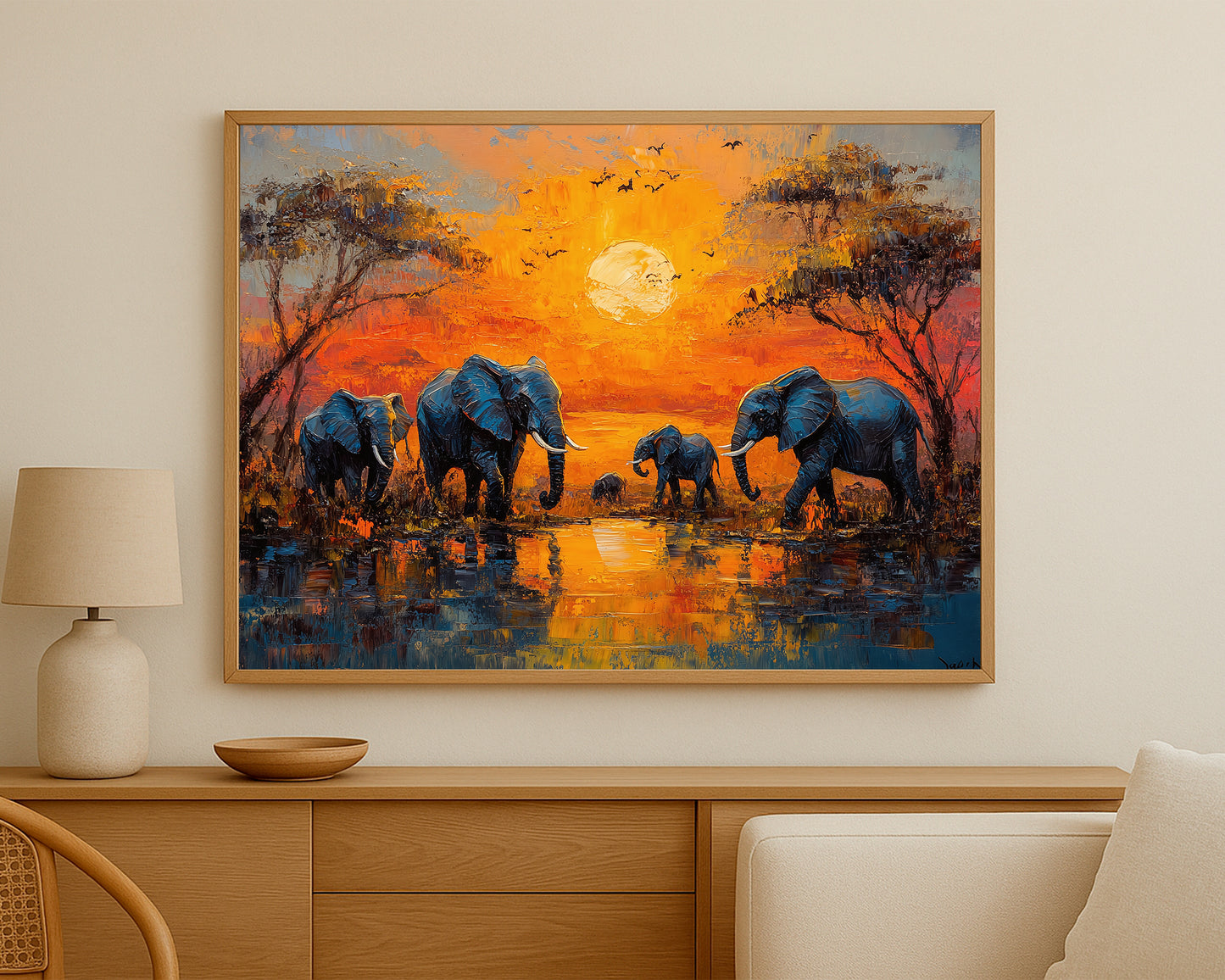 Nature-inspired elephant artwork with reflective water, warm sunset glow, and expressive safari landscape