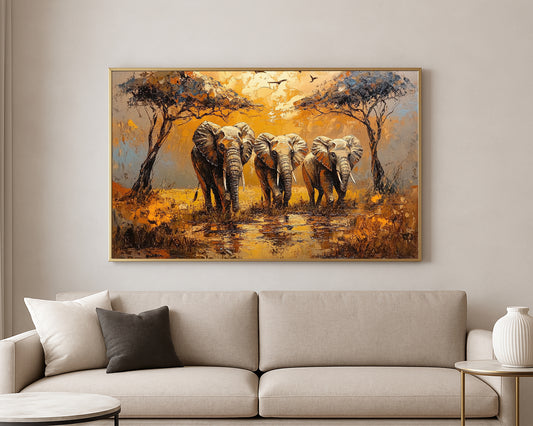 Textured wildlife artwork featuring elephants in warm earthy tones with a glowing safari sunset sky