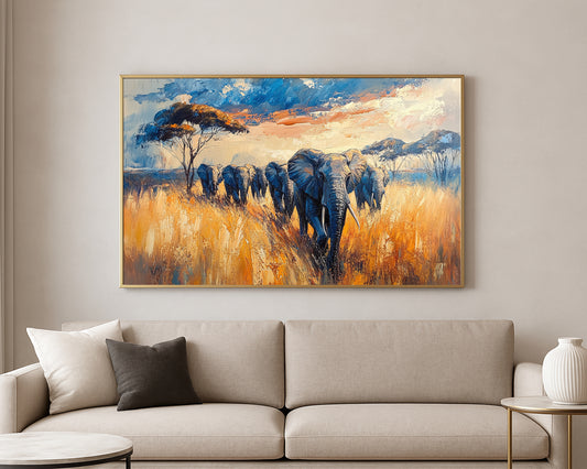 Textured wildlife artwork featuring elephants in an African landscape with warm grasses and distant acacia trees
