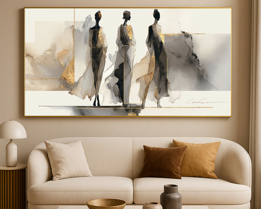 Elegant abstract figure artwork showing three feminine forms with watercolor textures and metallic gold accents.