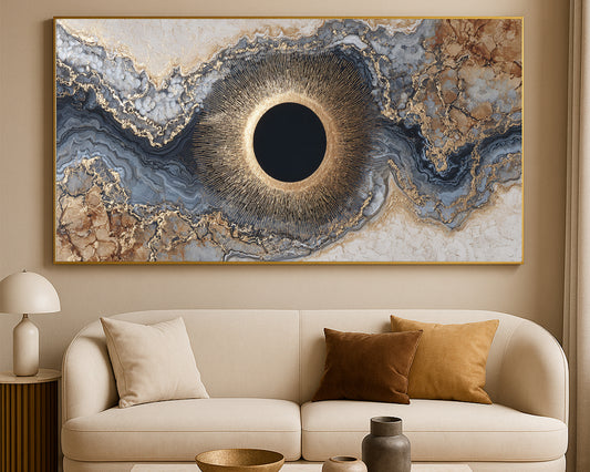 Luxury wide abstract print featuring an eclipse-like circle surrounded by geode-inspired bands and crystalline gold detailing