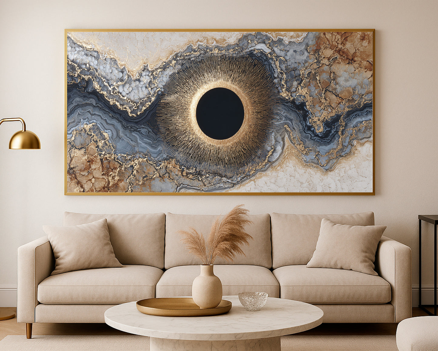 Contemporary abstract panorama featuring a central black circle, delicate gold linework, and marbled geode textures in gray and cream