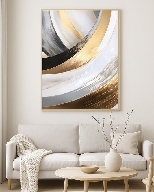Textured abstract artwork featuring bold curved strokes in metallic gold, charcoal black, and soft white on a neutral background.