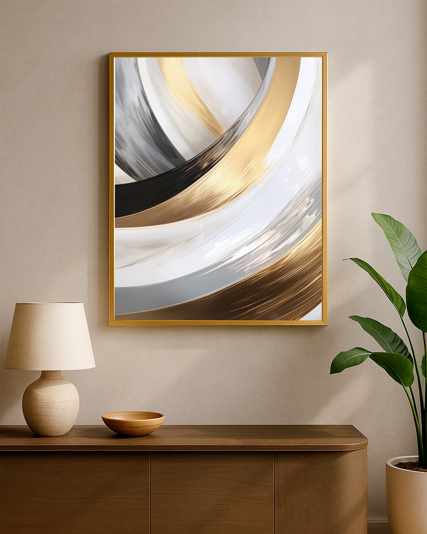 Elegant abstract wall art showing layered curved brushwork in white, gold, and dark gray with a clean modern look.