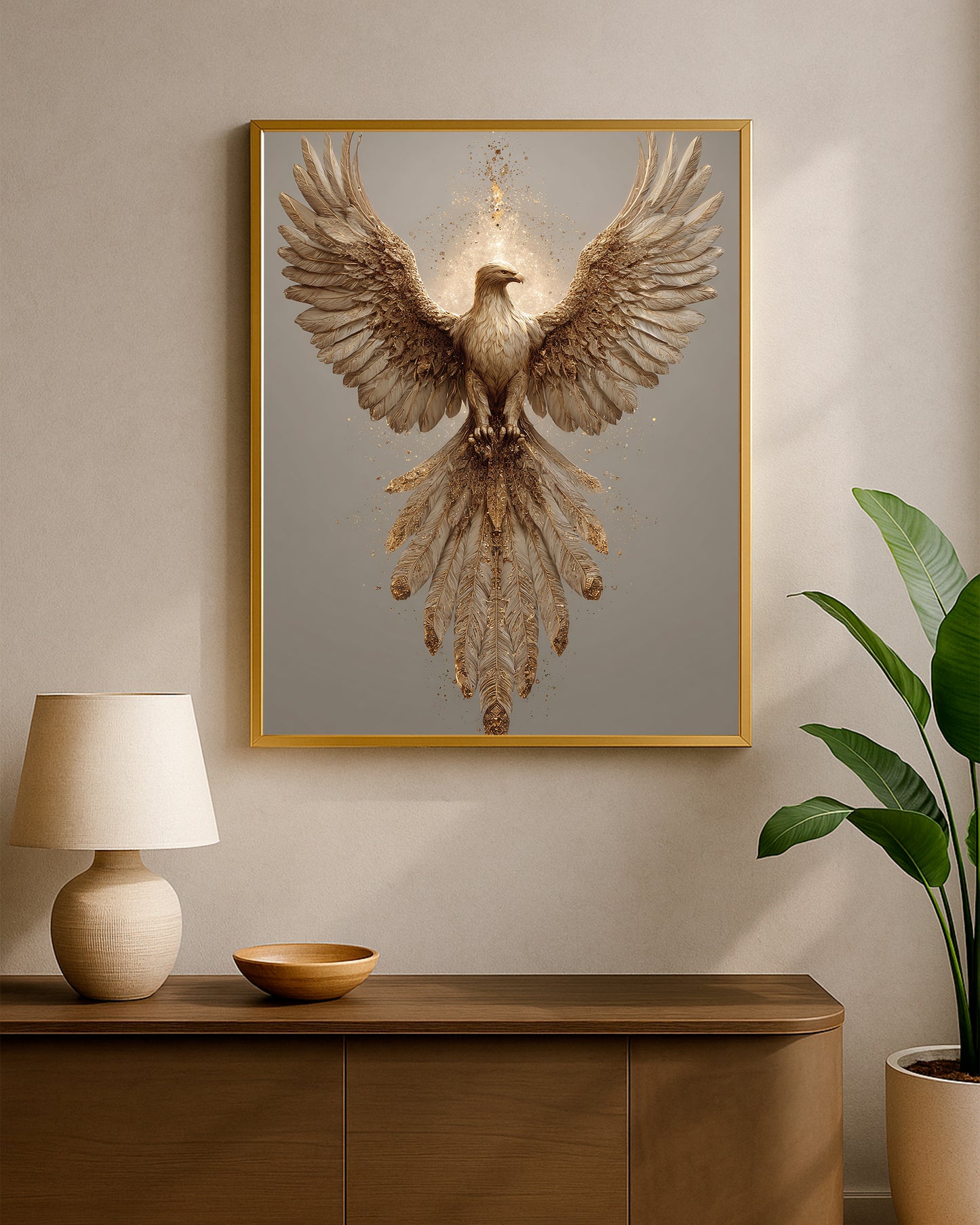 Symbolic eagle wall art with large open wings, ivory feathers, bronze-gold texture, and bold focal presence.