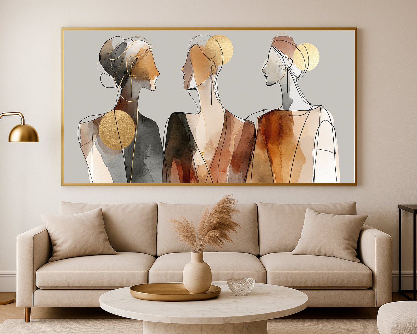 Elegant feminine profile artwork with layered watercolor shapes, soft gray shadows, and gold abstract details.