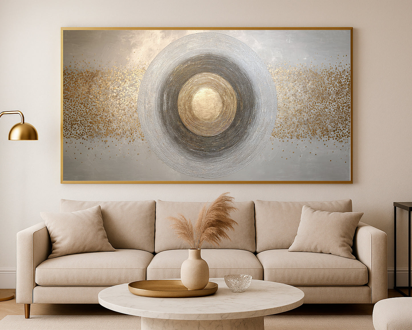 Refined circle abstract print with gold, silver, charcoal, ivory, and delicate speckled movement.