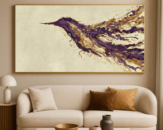 Wide hummingbird artwork featuring a bird-like shape in deep purple, gold accents, and sweeping abstract movement.