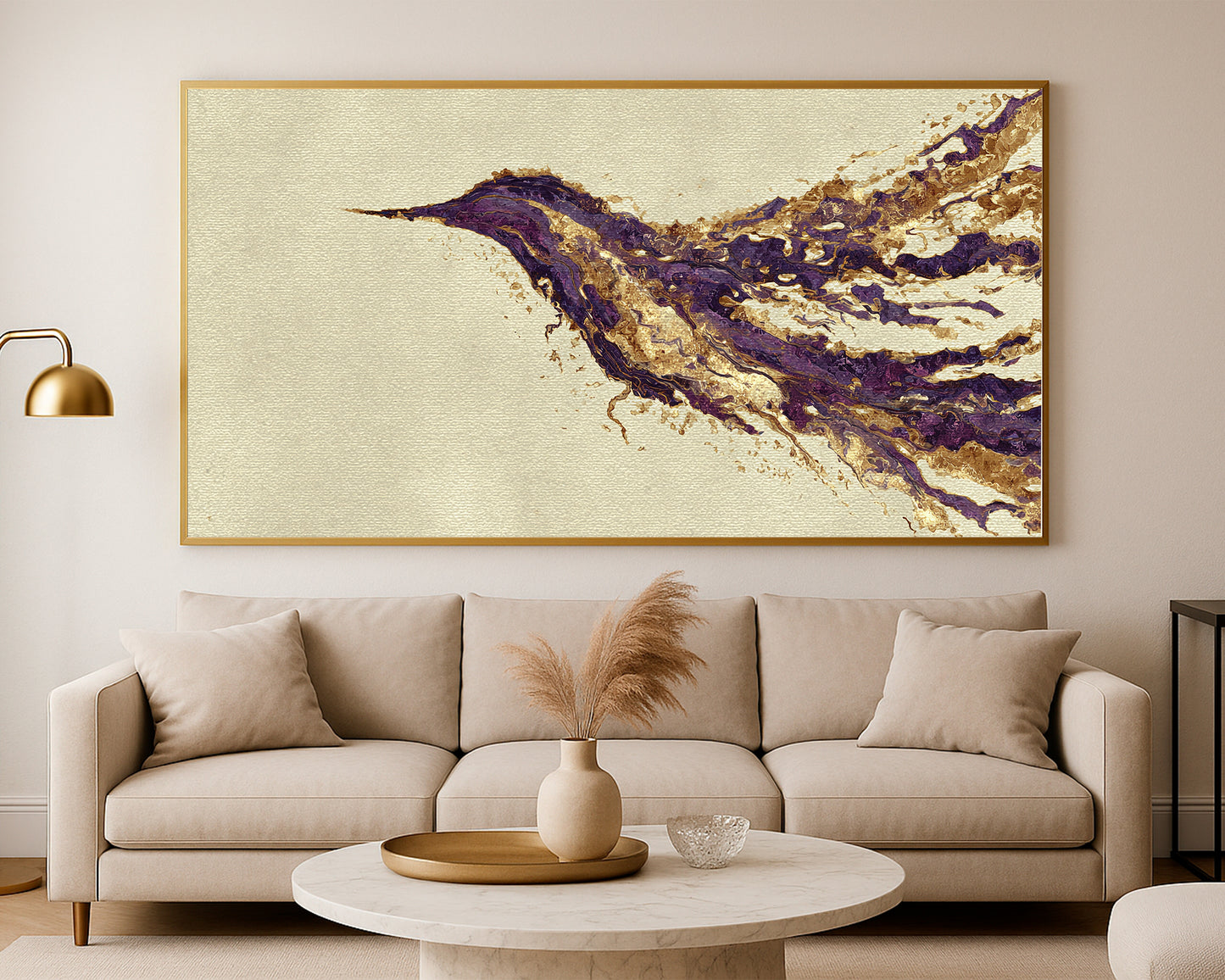 Textured hummingbird artwork with flowing horizontal motion, warm gold accents, and refined neutral background.