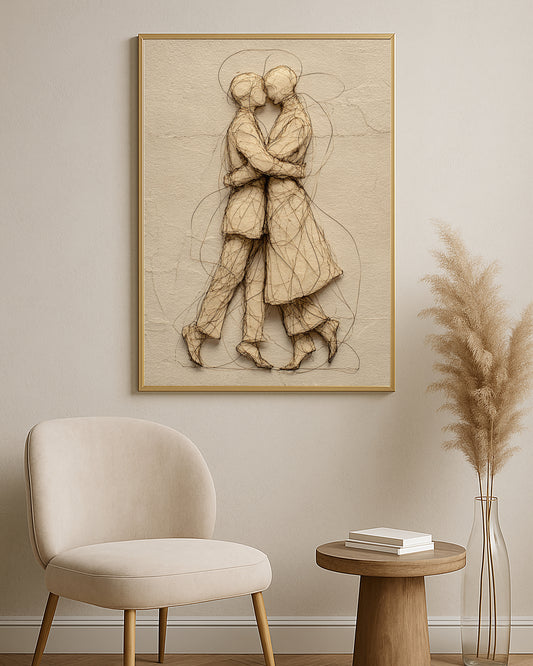 Neutral love artwork with a couple holding each other in sculptural wire-like linework and soft texture.