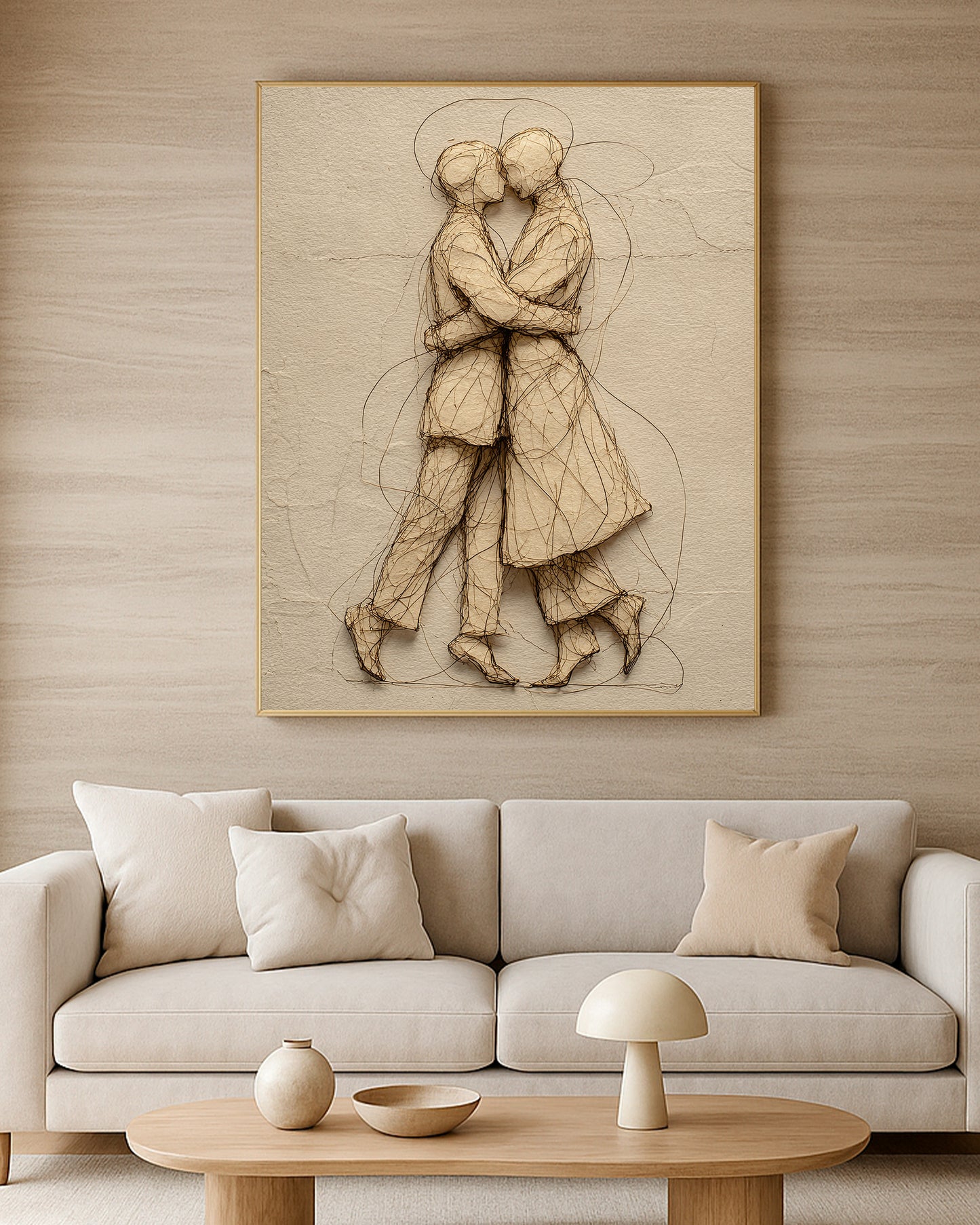 Elegant romantic wall art showing two figures wrapped together in a soft embrace on beige textured paper.